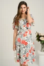 Rochie midi ivory din viscoza in clin cu imprimeu gri-corai si decupaje la decolteu, 1, dyfashion.ro