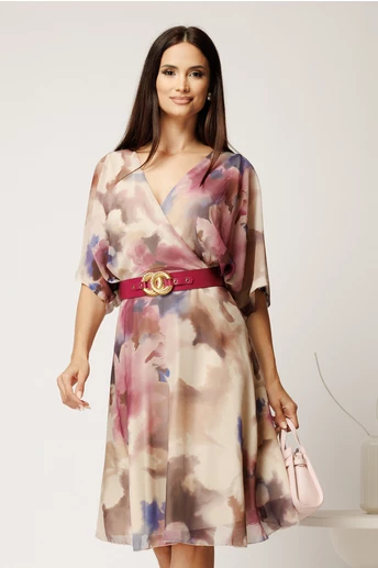 Rochie midi ivory din voal in clos cu imprimeu si curea fucsia