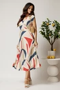 Rochie midi ivory in clos din tencel cu imprimeu rosu si curea in talie, 3, dyfashion.ro