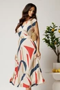Rochie midi ivory in clos din tencel cu imprimeu rosu si curea in talie, 1, dyfashion.ro