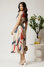 Rochie midi ivory in clos din tencel cu imprimeu rosu si curea in talie, 2, dyfashion.ro