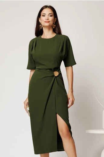 Rochie midi kaki cambrata din triplu voal cu funda si accesoriu pe fusta