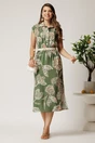 Rochie midi kaki cu imprimeu roz din tencel cu elastic si curea in talie, 3, dyfashion.ro