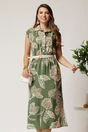 Rochie midi kaki cu imprimeu roz din tencel cu elastic si curea in talie, 1, dyfashion.ro