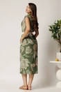 Rochie midi kaki cu imprimeu roz din tencel cu elastic si curea in talie, 2, dyfashion.ro