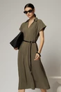 Rochie midi kaki de vara din modal cu decolteu V si cordon in talie., 1, dyfashion.ro