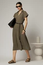 Rochie midi kaki de vara din modal cu decolteu V si cordon in talie., 3, dyfashion.ro