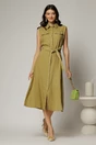 Rochie midi kaki din bumbac fara maneci cu cordon in talie, 3, dyfashion.ro