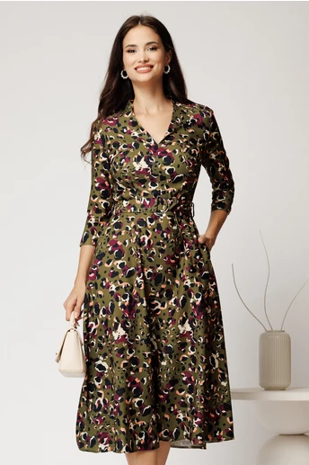 Rochie midi kaki din crep cu imprimeu magenta si cordon in talie