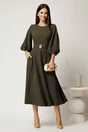 Rochie midi kaki din crep in clos cu maneci bufante si curea in talie, 3, dyfashion.ro