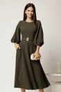 Rochie midi kaki din crep in clos cu maneci bufante si curea in talie, 1, dyfashion.ro