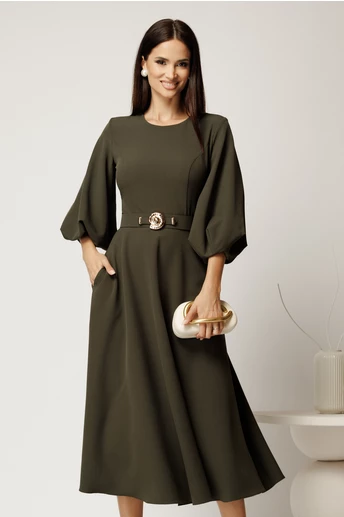 Rochie midi kaki din crep in clos cu maneci bufante si curea in talie