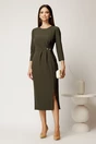 Rochie midi kaki din stofa conica cu pense si accesoriu in talie, 3, dyfashion.ro