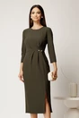 Rochie midi kaki din stofa conica cu pense si accesoriu in talie, 1, dyfashion.ro