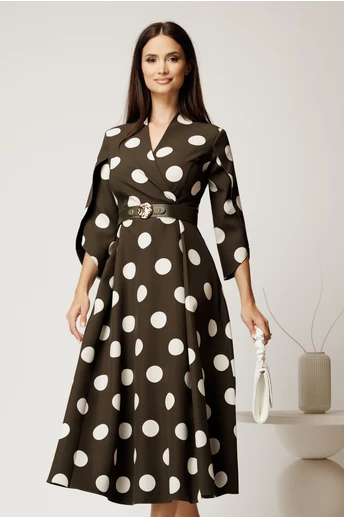 Rochie midi kaki din stofa in clos cu buline mari si curea in talie