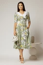 Rochie midi kaki din vascoza cu imprimeu floral si guler alb brodat, 3, dyfashion.ro