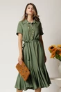 Rochie midi kaki din viscoza in clos cu nasturi si cordon, 1, dyfashion.ro