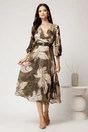 Rochie midi kaki din voal in clos cu imprimeu bej si curea in talie, 3, dyfashion.ro