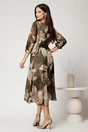 Rochie midi kaki din voal in clos cu imprimeu bej si curea in talie, 2, dyfashion.ro