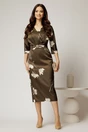 Rochie midi kaki satinata cu imprimeu si decolteu in V, 3, dyfashion.ro
