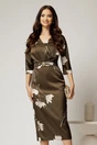 Rochie midi kaki satinata cu imprimeu si decolteu in V, 1, dyfashion.ro