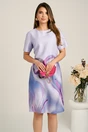 Rochie midi lila cu imprimeu fucsia din stofa cu croi drept, 1, dyfashion.ro