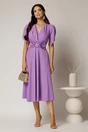 Rochie midi lila de ocazie cu pliuri pe bust si cordon detasabi cu flori, 3, dyfashion.ro