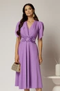 Rochie midi lila de ocazie cu pliuri pe bust si cordon detasabi cu flori, 1, dyfashion.ro