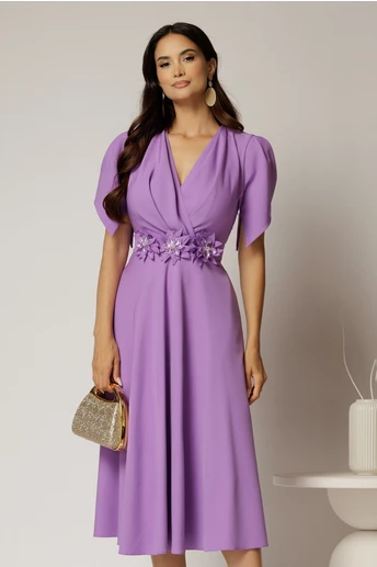 Rochie midi lila de ocazie cu pliuri pe bust si cordon detasabi cu flori