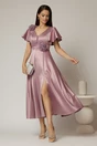 Rochie midi lila de ocazie din tafta cu maneci evazate si decolteu adanc, 1, dyfashion.ro