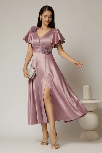 Rochie midi lila de ocazie din tafta cu maneci evazate si decolteu adanc