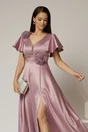 Rochie midi lila de ocazie din tafta cu maneci evazate si decolteu adanc, 3, dyfashion.ro