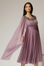 Rochie midi lila de ocazie din tul cu aplicatii la decolteu si maneci lungi, 1, dyfashion.ro