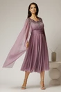 Rochie midi lila de ocazie din tul cu aplicatii la decolteu si maneci lungi, 3, dyfashion.ro