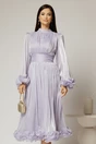 Rochie midi lila de ocazie din voal peliculizat cu maneci ample cu volanase, 1, dyfashion.ro