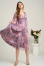 Rochie midi lila din matase naturala cu imprimeuri florale roz- Viada, 4, dyfashion.ro