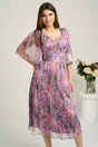 Rochie midi lila din matase naturala cu imprimeuri florale roz- Viada, 1, dyfashion.ro