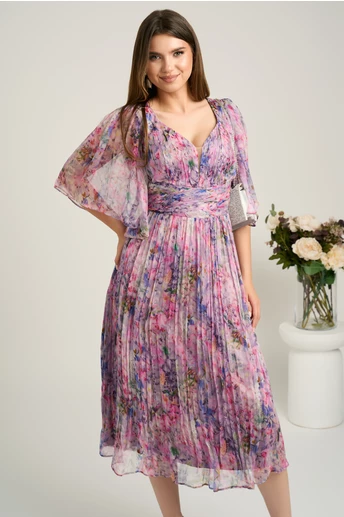 Rochie midi lila din matase naturala cu imprimeuri florale roz- Viada