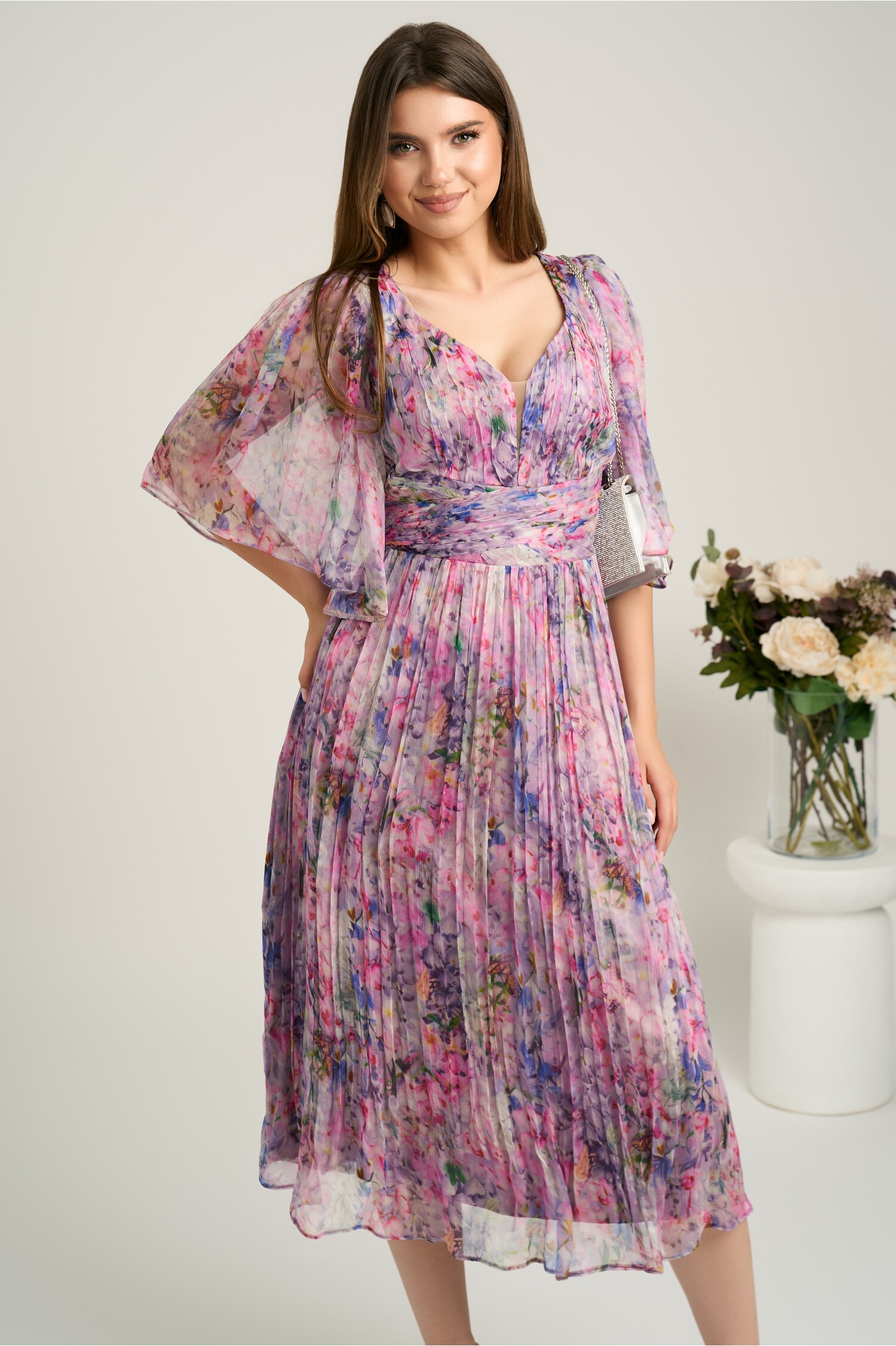 Rochie midi lila din matase naturala cu imprimeuri florale roz- Viada