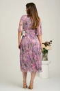 Rochie midi lila din matase naturala cu imprimeuri florale roz- Viada, 2, dyfashion.ro
