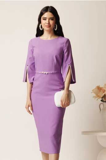 Rochie midi lila din stofa conica cu perle la maneci si in talie- LaDonna