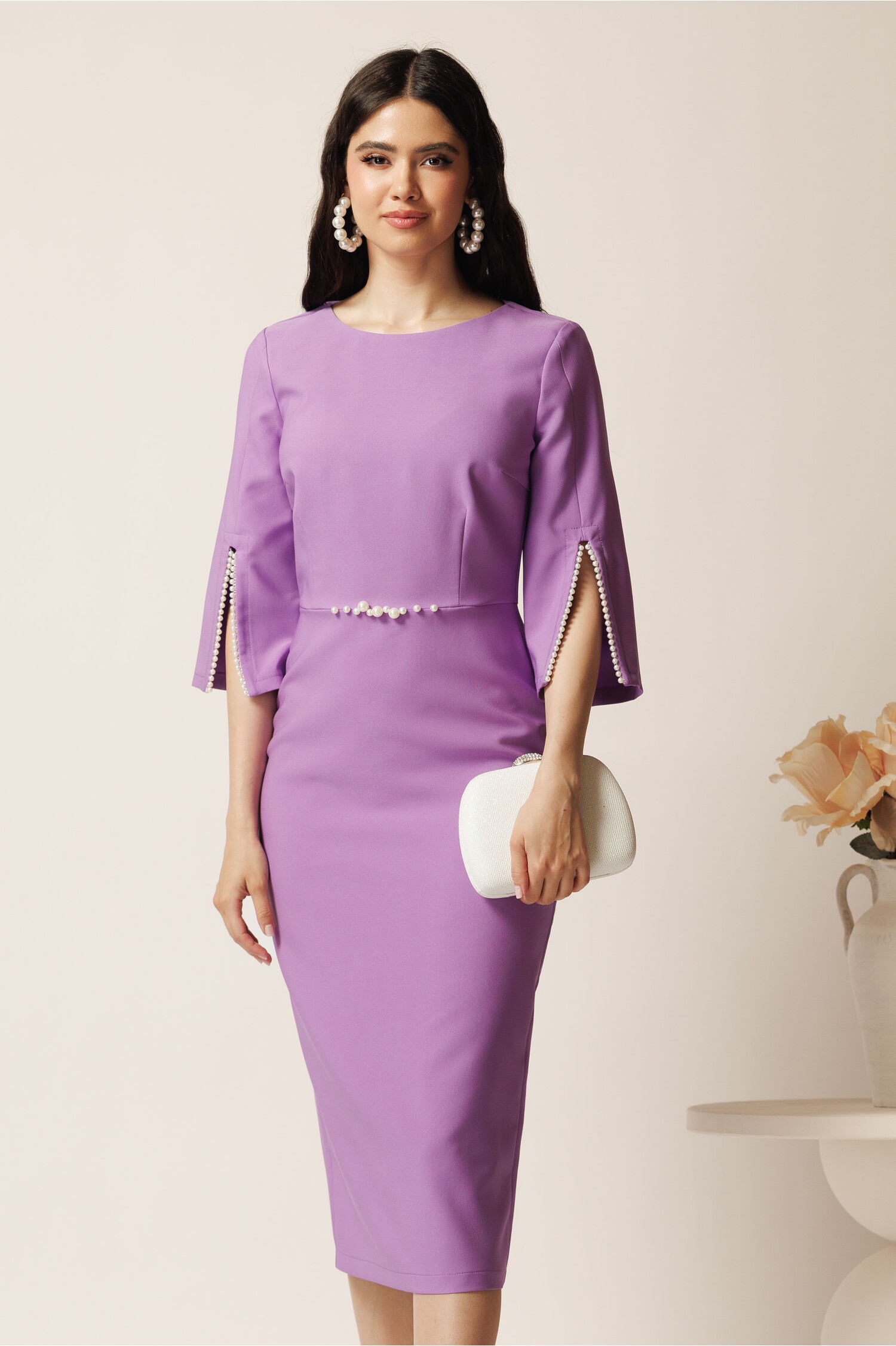 Rochie midi lila din stofa conica cu perle la maneci si in talie- LaDonna