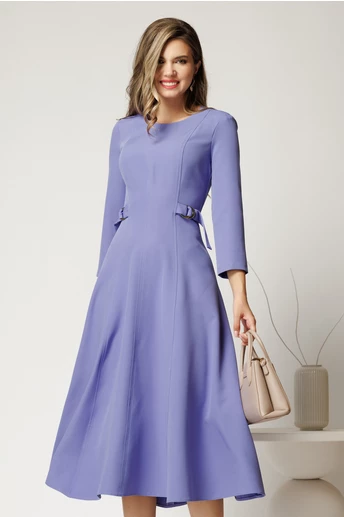 Rochie midi lila din stofa in clos cu catarame in talie