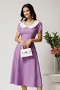 Rochie midi lila din stofa in clos cu guler alb si perle margelute la maneci, 1, dyfashion.ro