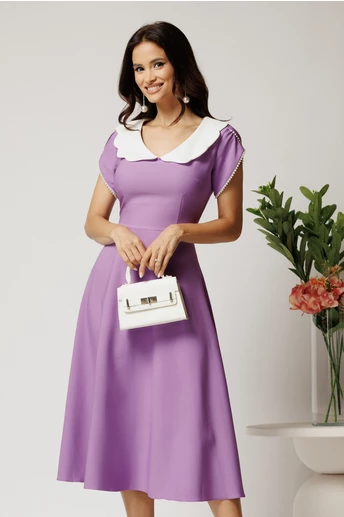 Rochie midi lila din stofa in clos cu guler alb si perle margelute la maneci