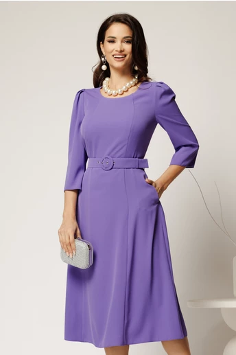 Rochie midi lila din triplu voal cu croi clos si curea in talie