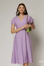 Rochie midi lila din viscoza cu decolteu V si snur la maneci, 1, dyfashion.ro