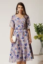 Rochie midi lila din voal in clos cu imprimeuri albastre, 1, dyfashion.ro