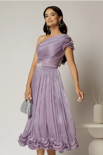 Rochie midi lila din voal peliculizat cu volanase pe fusta