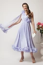 Rochie midi lila din voal satinat cu volanase la baza si flori in talie si pe umar, 1, dyfashion.ro